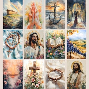 Puede incluir: Una colecci&oacute;n de pinturas de acuarela con temas religiosos. Las im&aacute;genes incluyen un arca con un arco&iacute;ris, manos rezando, un ancla en la playa, una mujer en un arco, un rosario, Jes&uacute;s, una biblia abierta y una corona de espinas.