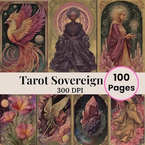 May include: A collection of tarot cards with detailed illustrations. The cards feature images of a phoenix, a regal figure, and other mystical scenes. The text "Tarot Sovereign" and "100 Pages" are visible.