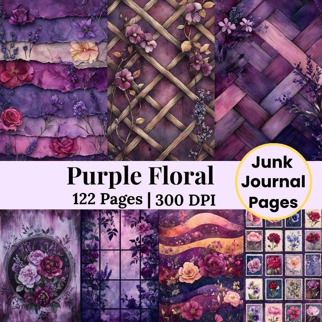 Purple Floral Junk Journal Kit, Vintage Botanical Ephemera Floral ...