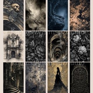 Moody gothic journal illustrations featuring skull reliefs, aged stone walls, balcony interiors, star-filled skies, celestial patterns, carved arches, and dramatic gothic architecture.