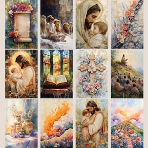 Puede incluir: Una colecci&oacute;n de pinturas a la acuarela con temas religiosos. Las im&aacute;genes representan escenas con Jes&uacute;s, incluyendo sosteniendo a un ni&ntilde;o, con leones y ense&ntilde;ando a una multitud. Otras im&aacute;genes incluyen una cruz, un libro abierto y arreglos florales.