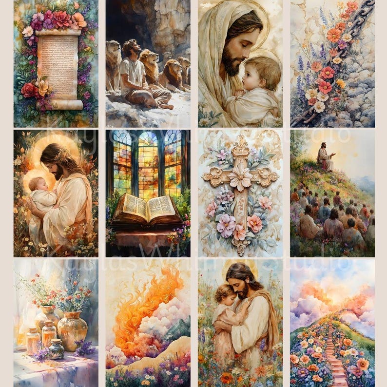 Puede incluir: Una colecci&oacute;n de pinturas a la acuarela con temas religiosos. Las im&aacute;genes representan escenas con Jes&uacute;s, incluyendo sosteniendo a un ni&ntilde;o, con leones y ense&ntilde;ando a una multitud. Otras im&aacute;genes incluyen una cruz, un libro abierto y arreglos florales.