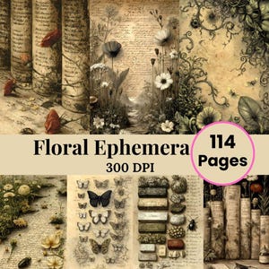 Puede incluir: Un collage digital con efímeras florales de estética vintage. La imagen incluye ilustraciones botánicas, escritura manuscrita y diseños de mariposas. El texto en la imagen dice "Floral Ephemera 300 DPI 114 Pages".