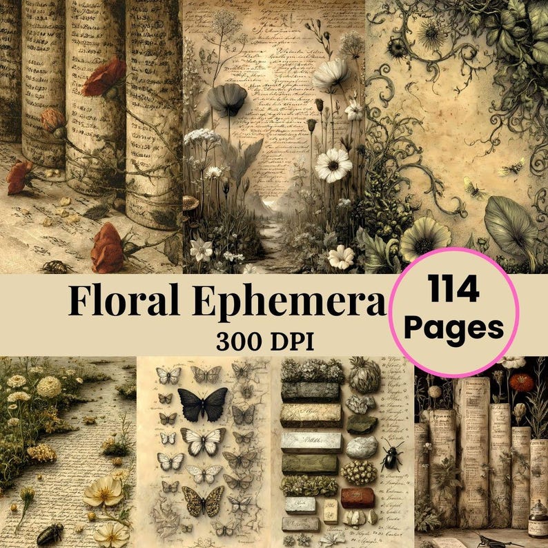Empherma Script Paper Floral Ephemera Script Junk Journal Supplies, Apothecary Neutral Grunge ...