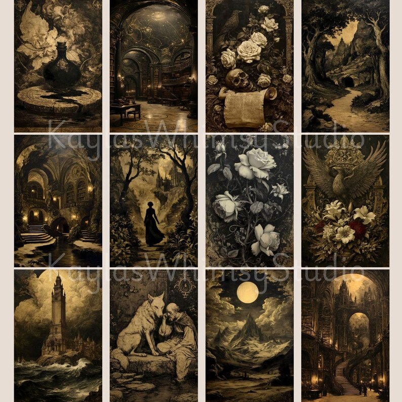 May include: A collection of sepia-toned art prints featuring gothic and fantasy themes. The prints depict scenes such as a library, a forest path, roses, a skull, a wolf and a person, a full moon, and a tower.