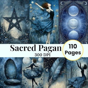 May include: A collage of digital art with a mystical theme. The images feature a pentagram, a woman in a flowing blue dress, and celestial bodies. The text "Sacred Pagan" and "110 Pages" are also visible.