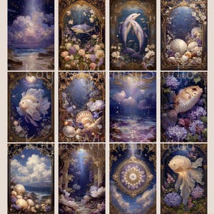 May include: A collection of twelve digital art prints featuring underwater and celestial themes. Each print showcases marine life, seashells, and dreamy landscapes within ornate, gold-framed borders. The color palette includes blues, purples, and gold.