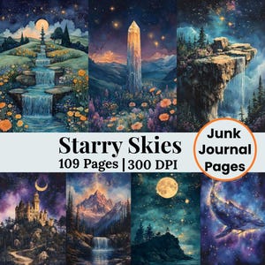 Op de afbeelding: Een digitale collage met acht fantasielandschapsillustraties met sterrenhemels, watervallen, bergen en een walvis. De tekst "Starry Skies" en "Junk Journal Pages" is opgenomen. De tekst vermeldt ook "109 pagina's | 300 DPI".