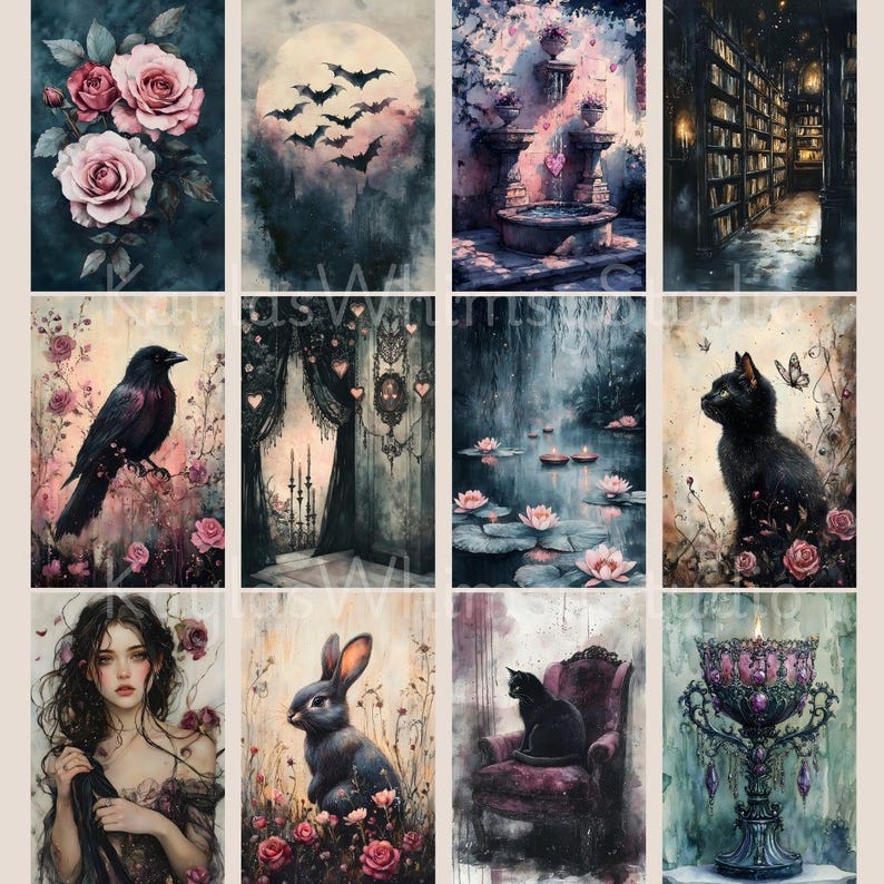 May include: A set of watercolour art prints with gothic and romantic themes. The prints show roses, bats, a raven, a black cat, a rabbit, a woman, a fountain, a library, a pond with lily pads, and a decorative chalice.