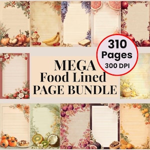 May include: A collection of lined paper pages with decorative borders featuring fruits and floral arrangements. The pages are part of a "MEGA Food Lined PAGE BUNDLE" with 310 pages and 300 DPI. The designs include apples, bananas, pomegranates, and figs.