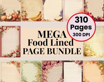 Puede incluir: Un conjunto de páginas de papel rayado con bordes decorativos con frutas y arreglos florales. Las páginas forman parte de un "MEGA Food Lined PAGE BUNDLE" con 310 páginas y 300 DPI. Los diseños incluyen manzanas, plátanos, granadas e higos.