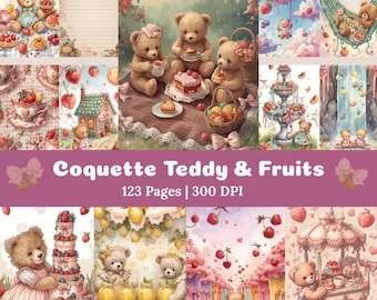 May include: A digital art print titled "Coquette Teddy & Fruits" featuring various illustrations of teddy bears enjoying picnics with fruits and desserts. The artwork includes a variety of scenes with soft colors and a whimsical aesthetic. The print has 123 pages and 300 DPI.