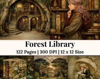 Peut inclure: Illustration numérique d'une bibliothèque forestière avec une jeune personne regardant une étagère. L'image comprend le texte "Forest Library" et des détails sur la taille et le nombre de pages du livre.