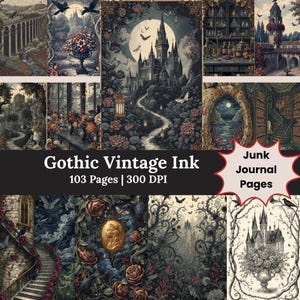 Gothic Vintage Ink junk journal cover featuring moonlit castles, ornate gothic arches, ravens, roses, apothecary shelves, candlelit libraries, and romantic vintage ink illustrations in dark blue, charcoal, and antique gold tones.