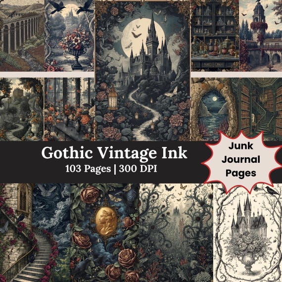 Gothic Vintage Junk Journal Pages, Gothic Junk Journal Ephemera Kit, Gothic Ephemera Scrapbook Digital Download, Baroque Background Page