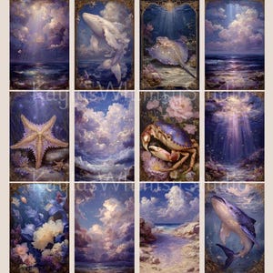 May include: A collection of twelve vertical art prints featuring marine life and coastal scenes. Each print showcases a different subject, including whales, a stingray, a starfish, a crab, and ocean landscapes, all rendered in a soft, painterly style with a dreamy, ethereal quality.