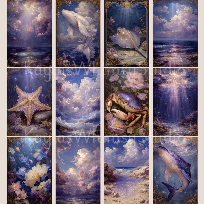 May include: A collection of twelve vertical art prints featuring marine life and coastal scenes. Each print showcases a different subject, including whales, a stingray, a starfish, a crab, and ocean landscapes, all rendered in a soft, painterly style with a dreamy, ethereal quality.