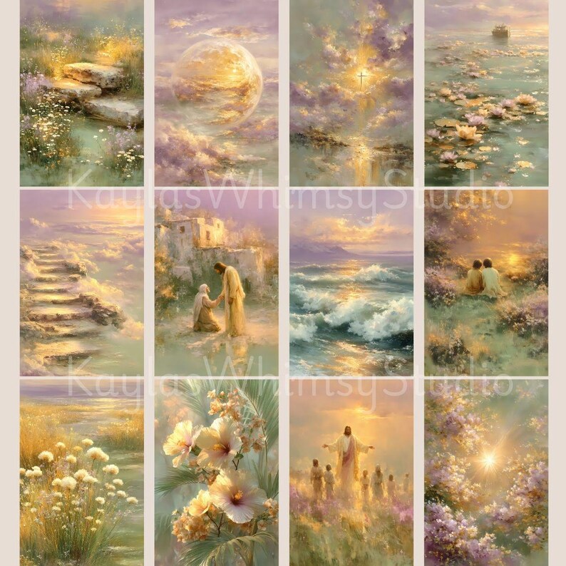 Puede incluir: Una colecci&oacute;n de impresiones art&iacute;sticas verticales que presentan paisajes serenos y et&eacute;reos. Cada impresi&oacute;n muestra una escena diferente, incluyendo un cuerpo celeste, una cruz en el cielo y figuras en un entorno pac&iacute;fico. La paleta de colores est&aacute; dominada por suaves pasteles y c&aacute;lidos tonos dorados.