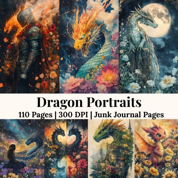 Dragon Fantasy Flower Journal Pages, Mythical Creature Ephemera Bundle, Dragon Forest Printable Craft Kit Fantasy Ephemera Junk Journal