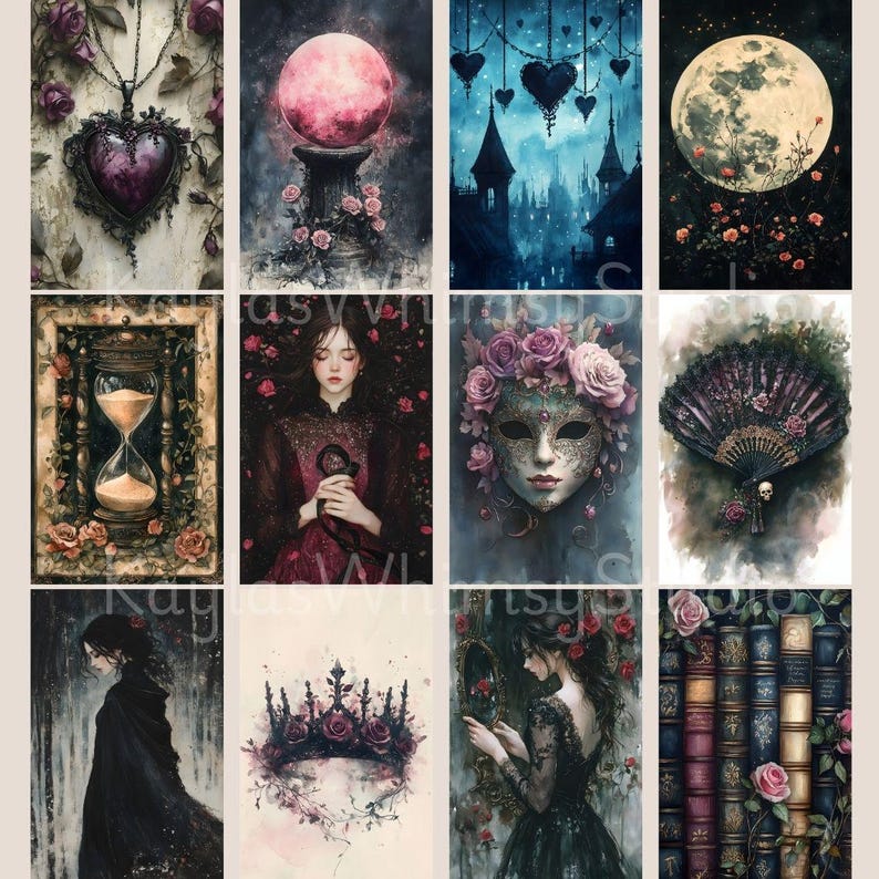 May include: A selection of gothic-style art prints. The prints depict a heart pendant, a pink sphere, a castle, a full moon, an hourglass, a woman, a mask, a fan, a woman in a black cloak, a crown, a woman with a mirror, and books. The artwork has a dark, romantic aesthetic.