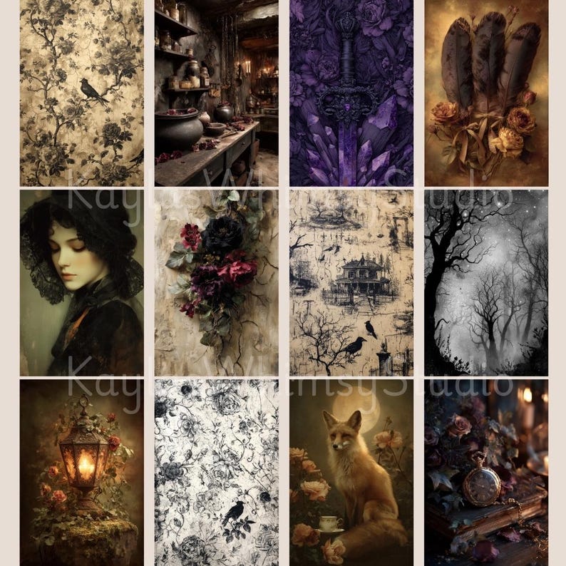 Gothic Paper Kit, Gothic Ephemera Background Page, Dark Academia Witch Scrapbook Paper, DIY Junk Journal, Gothic Digital Paper