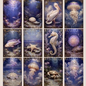 May include: A collection of twelve vertical art prints featuring marine life and underwater scenes. The prints showcase a variety of sea creatures, including a pelican, jellyfish, seahorse, and crab, in a dreamy, blue-toned aesthetic.