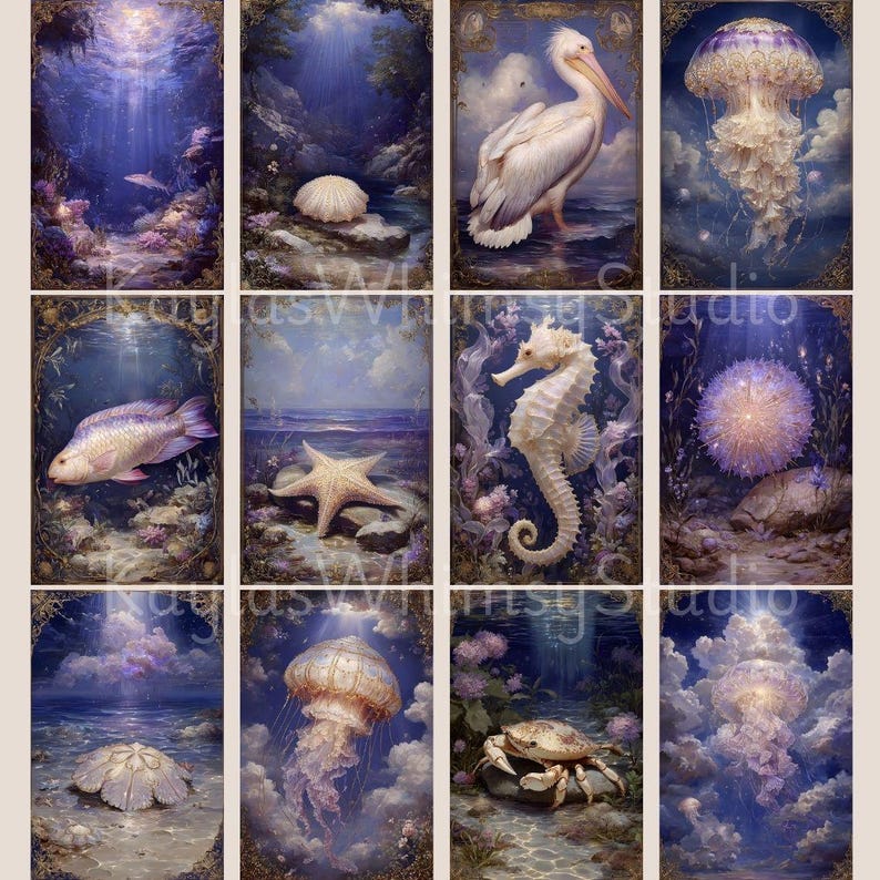 May include: A collection of twelve vertical art prints featuring marine life and underwater scenes. The prints showcase a variety of sea creatures, including a pelican, jellyfish, seahorse, and crab, in a dreamy, blue-toned aesthetic.