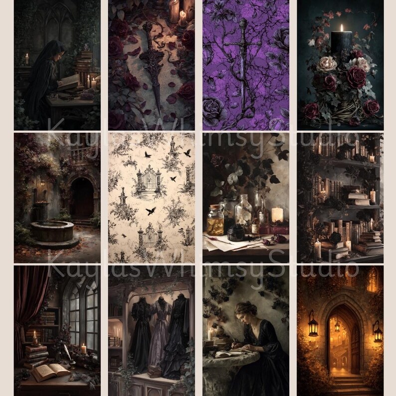 Gothic journal pages depicting cloaked figures reading by candlelight, ornate daggers on parchment, purple gothic floral patterns, black candles, and dramatic ritual-inspired scenes.