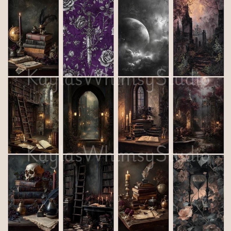 Dark gothic junk journal artwork featuring antique books, daggers, moons, cloudy night skies, graveyard gates, and vintage gothic symbolism in moody monochrome and purple tones.