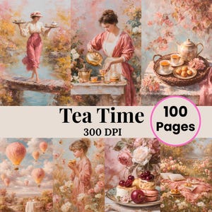 Tea Time Junk Journal Pages French Pastry Scrapbook Papers Vintage Tea Party Printable Ephemera Teacups and Teapots Digital Paper
