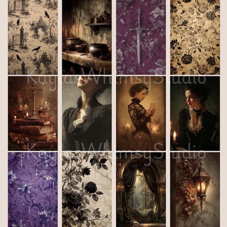 Gothic Paper Kit, Gothic Ephemera Background Page, Dark Academia Witch Scrapbook Paper, DIY Junk Journal, Gothic Digital Paper