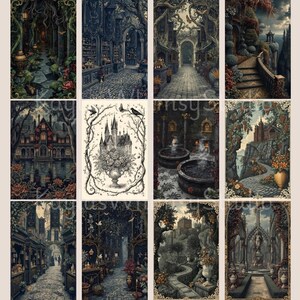 Moody gothic junk journal artwork showing candlelit halls, apothecary interiors, ornate fountains, gothic columns, ivy-covered architecture, and romantic night atmospheres.