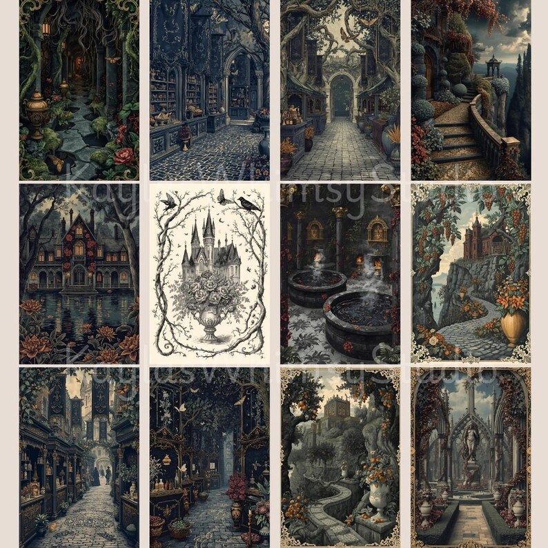 Moody gothic junk journal artwork showing candlelit halls, apothecary interiors, ornate fountains, gothic columns, ivy-covered architecture, and romantic night atmospheres.