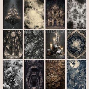 Moody gothic junk journal illustrations featuring vaulted halls, celestial cloudscapes, baroque altars, architectural ruins, swirling skies, and dramatic stone arches.