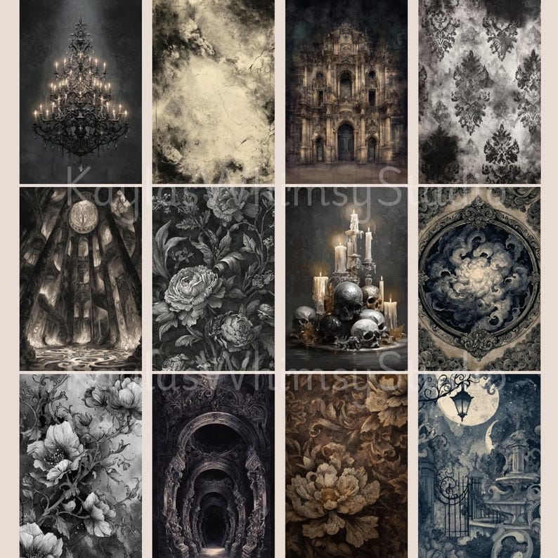 Moody gothic junk journal illustrations featuring vaulted halls, celestial cloudscapes, baroque altars, architectural ruins, swirling skies, and dramatic stone arches.