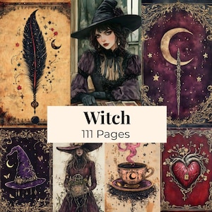 May include: A collection of illustrations featuring a witch in a black hat, a dark feather, a crescent moon, a purple hat, a teacup with steam, and a heart with a lock, with the text Witch 111 Pages centered in the middle of the image.