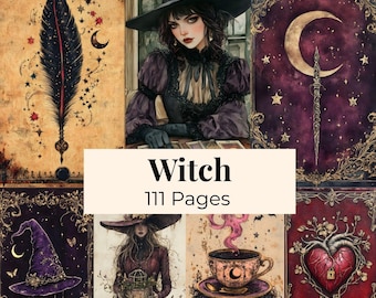 Witch Junk Journal, Grimoire Spell Book Mystical Moon Pages, Vintage Ephemera Kit, Wicca Witch Journal, Witch Portraits, Digital Junk Kit