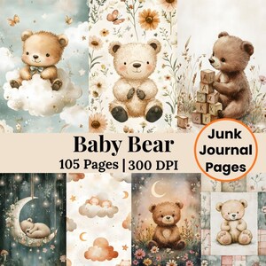 Printable Boho Bear Junk Journal Digital Papers Neutral Beige Paper Pack Newborn Background, Nursery Background, Nursery Pattern
