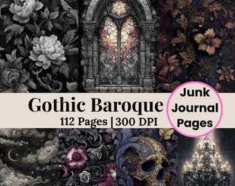 Printable Gothic Journal Supplies, Dark Romantic Rococo Vampire Pattern Skull Journal, Gothic Ephemera Victorian Scrapbook Decorated Pages