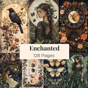 Puede incluir: Un libro de 128 páginas titulado Enchanted que presenta un collage de ilustraciones que incluyen un cuervo negro, una mujer con flores, un reloj, una persona leyendo bajo un árbol, fases lunares, mariposas y un hada con vestido verde y alas.
