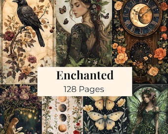 Enchanted Pagan Backgrounds, Mystic Moon Junk Journal Pages, Forest Ephemera Digital Collage Sheet, Celestial Printable Fantasy Scrapbook