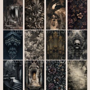 Dark gothic baroque journal pages with glowing lanterns, cathedral interiors, ornate chandeliers, floral damask backgrounds, skull candle still lifes, and celestial night skies.