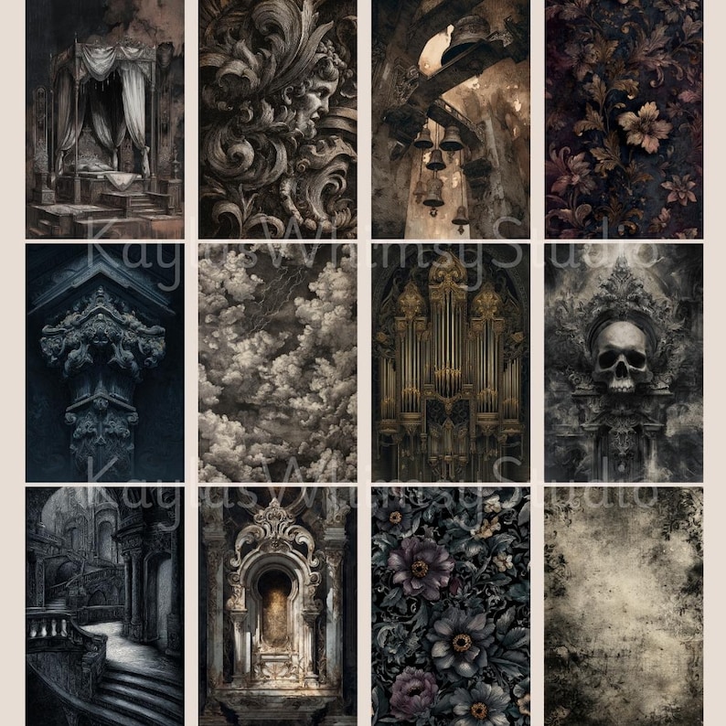 Dark gothic baroque journal pages with glowing lanterns, cathedral interiors, ornate chandeliers, floral damask backgrounds, skull candle still lifes, and celestial night skies.