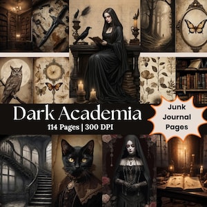 Puede incluir: Un collage de imágenes con temática de academia oscura. Las imágenes incluyen una mujer con un vestido negro, un gato negro, un búho, mariposas y una escalera de caracol. El texto dice "Dark Academia 114 Páginas | 300 DPI" y "Junk Journal Pages."