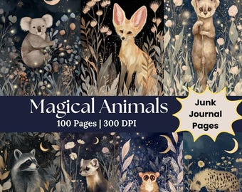 Carta digitale con animali magici e natura, kit per diario magico, carta per scrapbooking Forest Friend, diario del bosco, foglio di collage digitale
