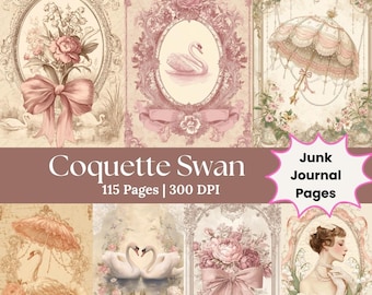 Watercolor Swan Printable Romantic Journal Kit Cottagecore Paper Lace Overlay Journal Coquette Floral Junk Journal Swan Lover Ephemera