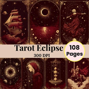 Puede incluir: Baraja de Tarot Eclipse con ilustraciones en tonos rojos, dorados y negros. La baraja incluye imágenes de un barco, un eclipse solar y figuras con túnicas fluidas. El texto de la imagen dice "Tarot Eclipse 108 Páginas 300 DPI."