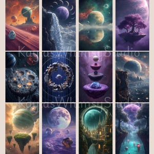 K&ouml;nnte beinhalten: Eine Sammlung von Fantasy-Kunstdrucken mit surrealen Landschaften mit Planeten, schwebenden Inseln und Himmelsk&ouml;rpern. Die Farbpalette umfasst Lila, Blau und Gr&uuml;n und erzeugt eine traumhafte Atmosph&auml;re. Der Text "Karas Wimsy Studio" ist sichtbar.