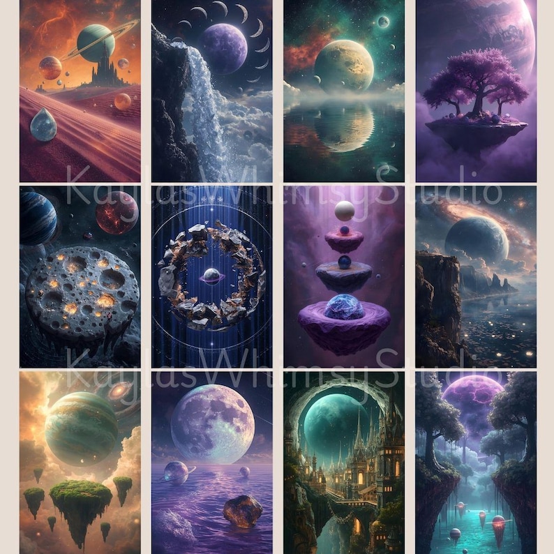 K&ouml;nnte beinhalten: Eine Sammlung von Fantasy-Kunstdrucken mit surrealen Landschaften mit Planeten, schwebenden Inseln und Himmelsk&ouml;rpern. Die Farbpalette umfasst Lila, Blau und Gr&uuml;n und erzeugt eine traumhafte Atmosph&auml;re. Der Text "Karas Wimsy Studio" ist sichtbar.
