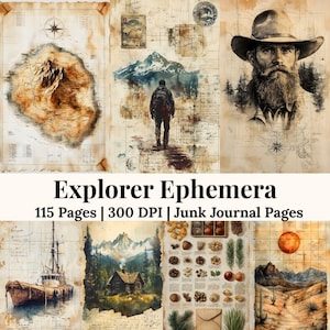 Op de afbeelding: Een collage van vintage ontdekkingsreiziger ephemera. De afbeelding bevat illustraties van kaarten, bergen, een schip, een hut en een portret van een bebaarde man. De tekst "Explorer Ephemera" is ook aanwezig.